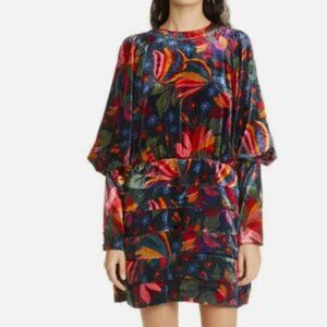 Ruched floral-print velvet mini dress